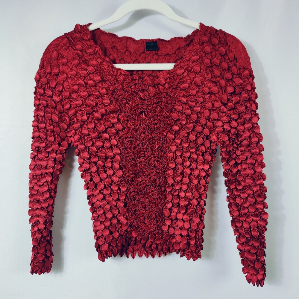 VTG 90s Y2K Magic Scarf Red Textured Popcorn Crinkle Top Blouse, OS